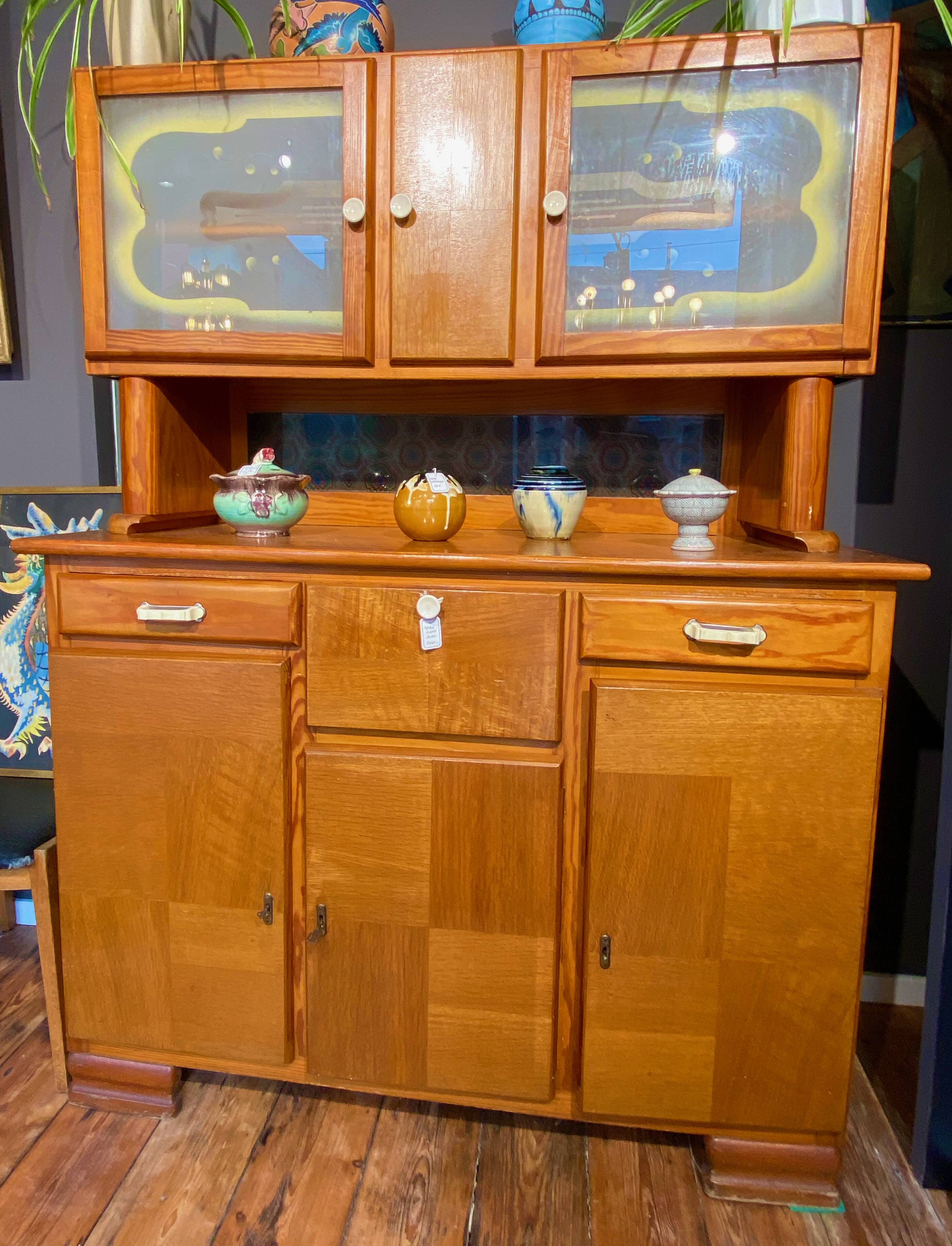 Buffet Double Corps Vintage Art Déco / Populaire en Bois Blond