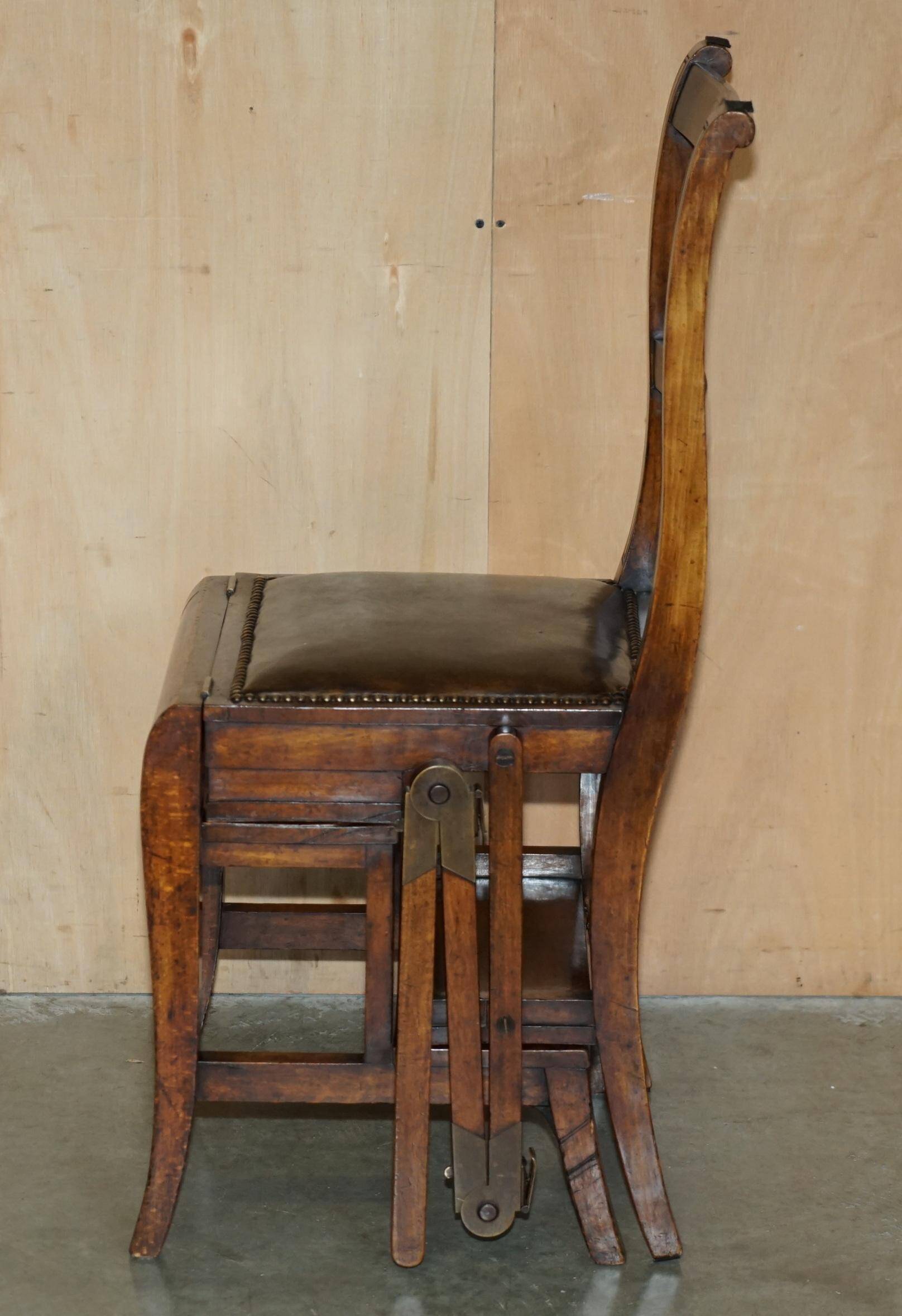 Victorian library chair, convertible, hardwood, leather, brass, circa 1880.