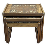 Set of 3 teak nesting tables from the 1970s, tiled top