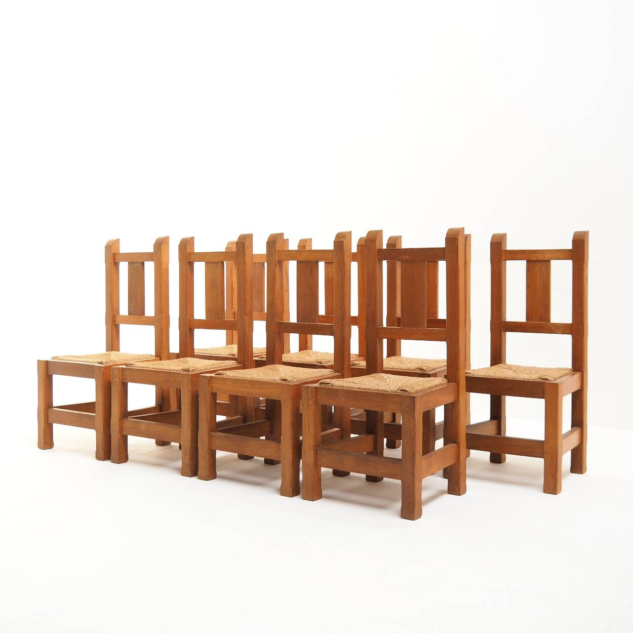 Set of Eight Handmade Solid Oak Chairs, 1970s