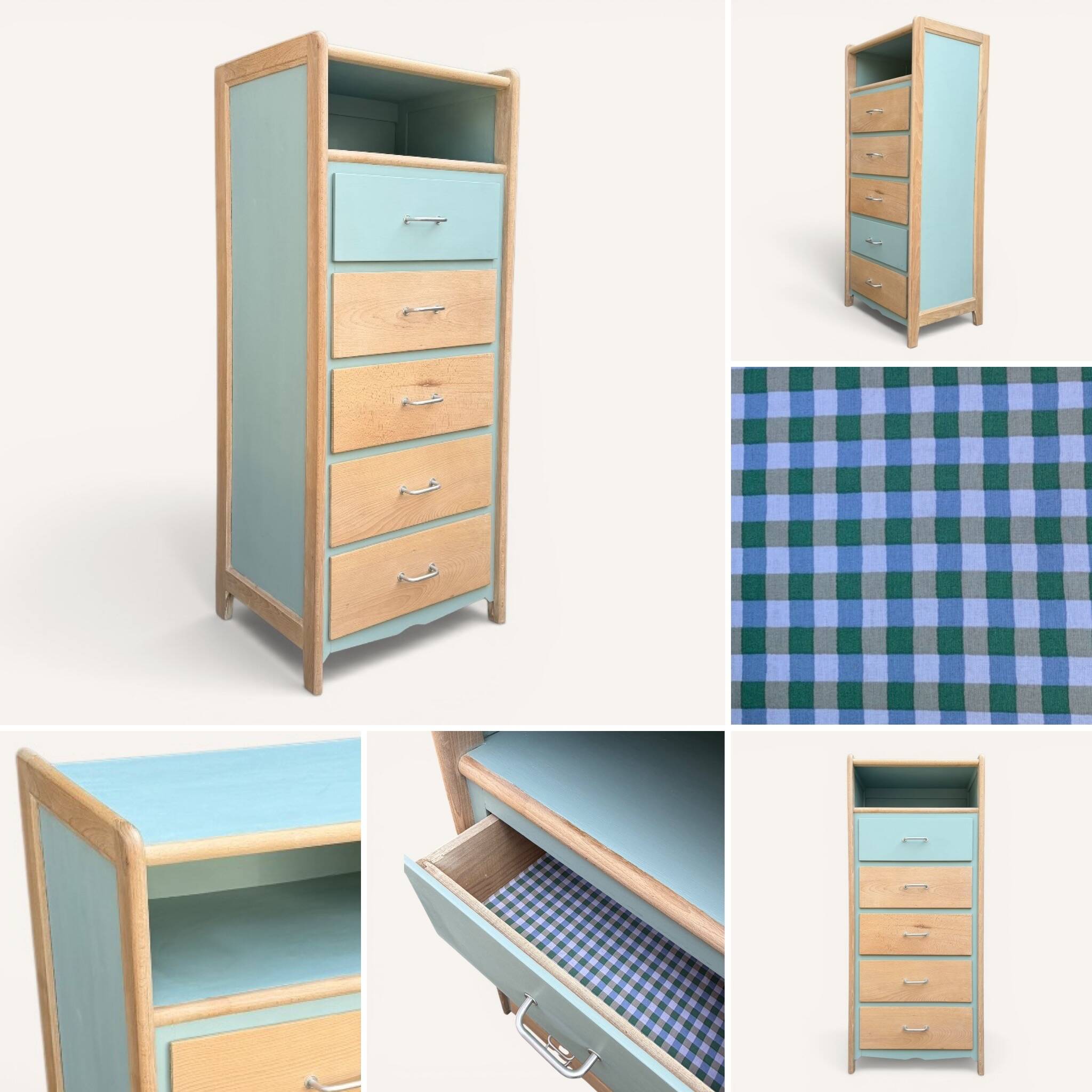 Vintage tall chest of drawers in raw wood and grey-blue from the 1950s.