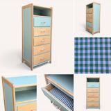 Vintage tall chest of drawers in raw wood and grey-blue from the 1950s.