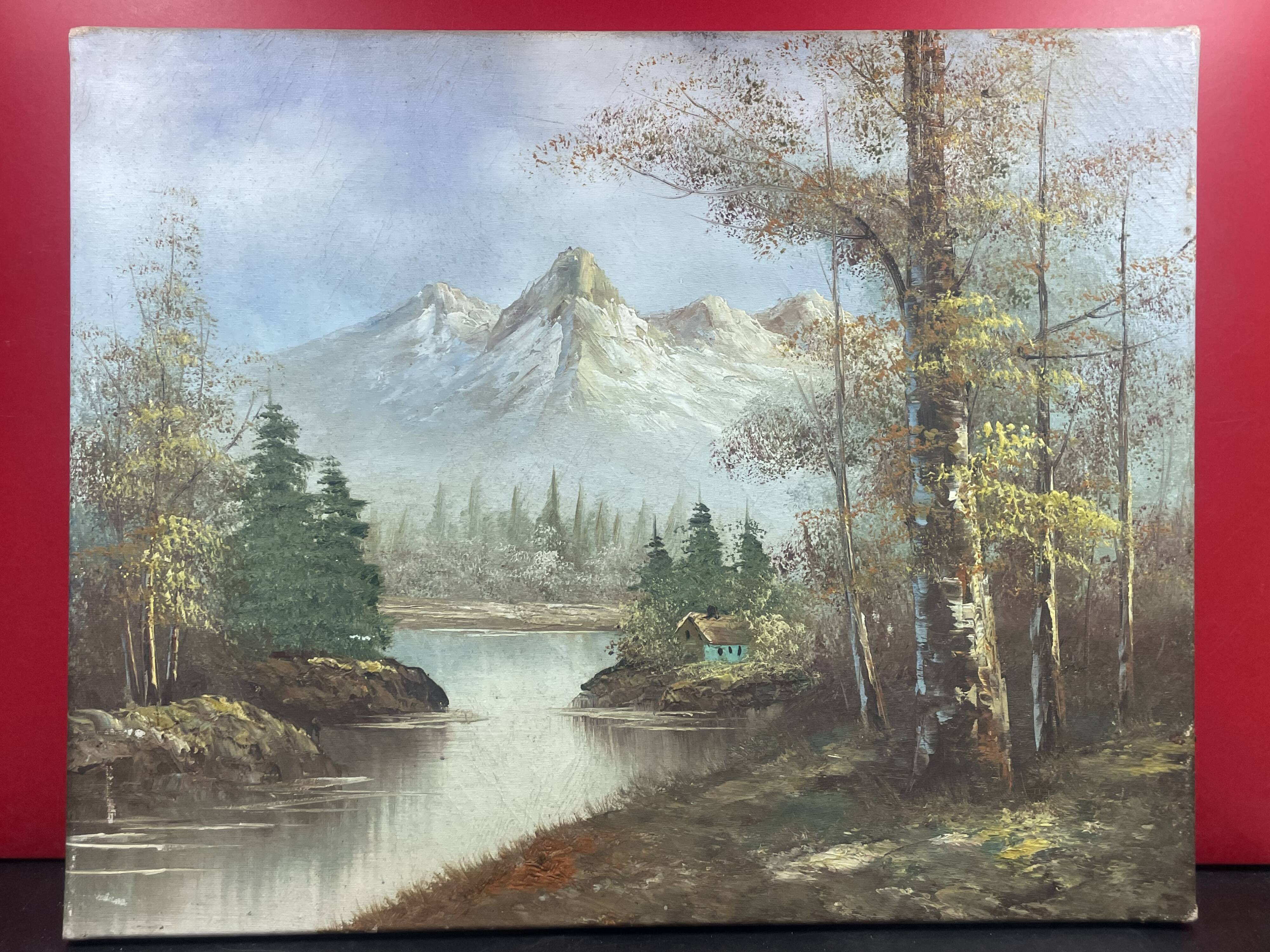 Oil on canvas, Refuge in the valley, lake landscape mountain lake