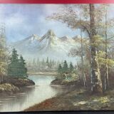 Oil on canvas, Refuge in the valley, lake landscape mountain lake
