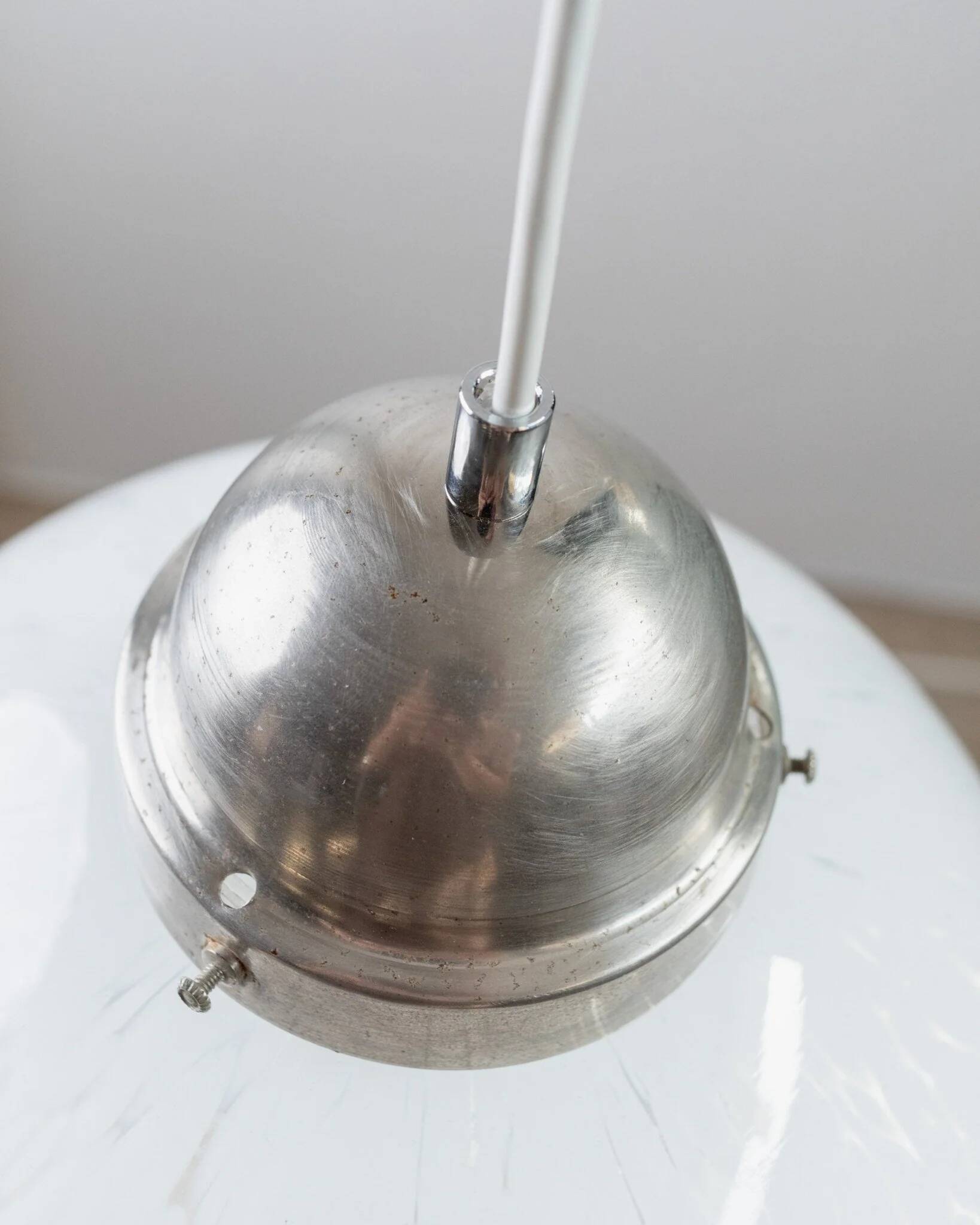 White Murano Glass Globe Pendant Lamp with Chrome Top – 1960s Space-Age, XL Mid-Century Ceiling Light
