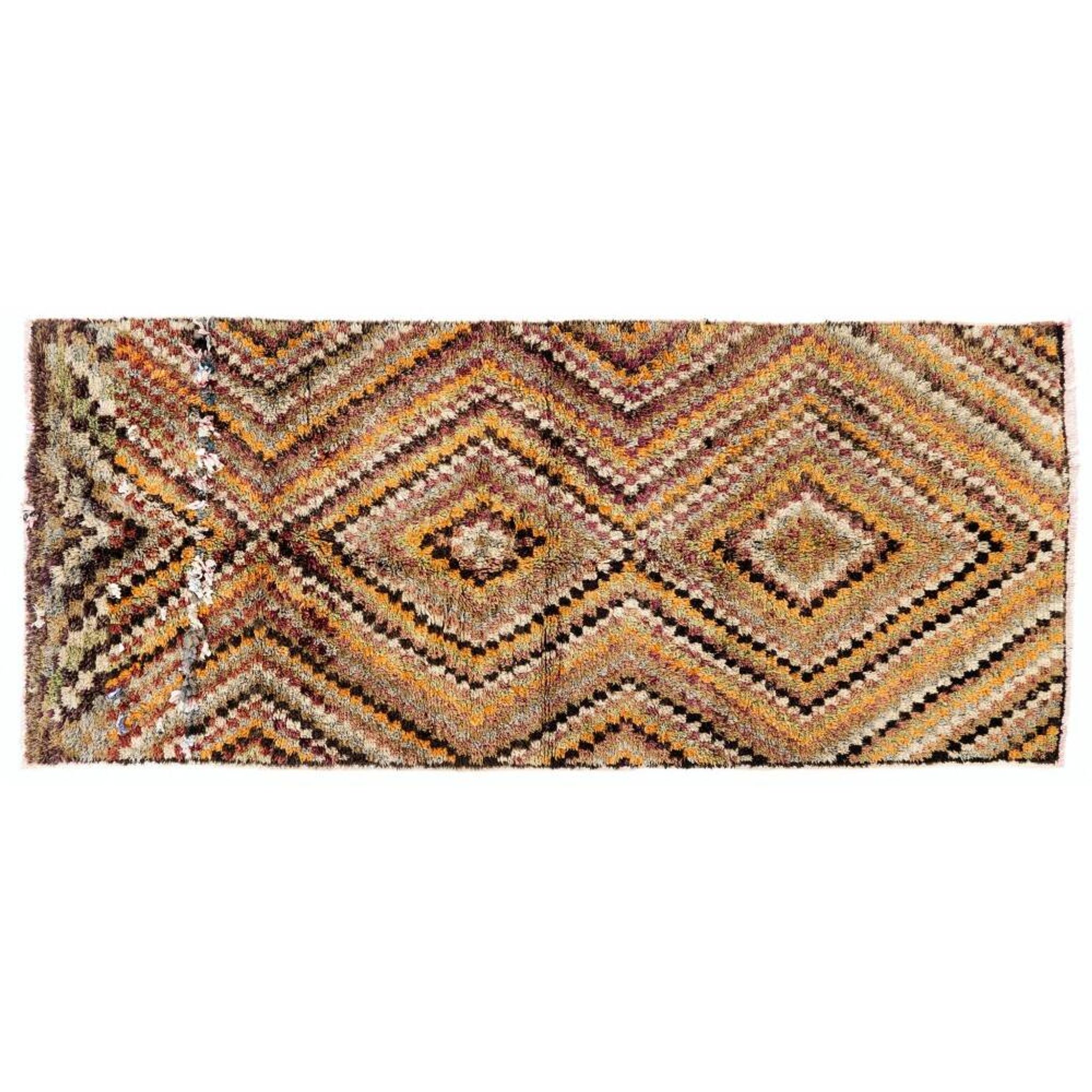 Vintage Hand-Knotted Turkish Tulu Runner Rug with Geometric Diamond Design in Earthy Colors, 100% Wool