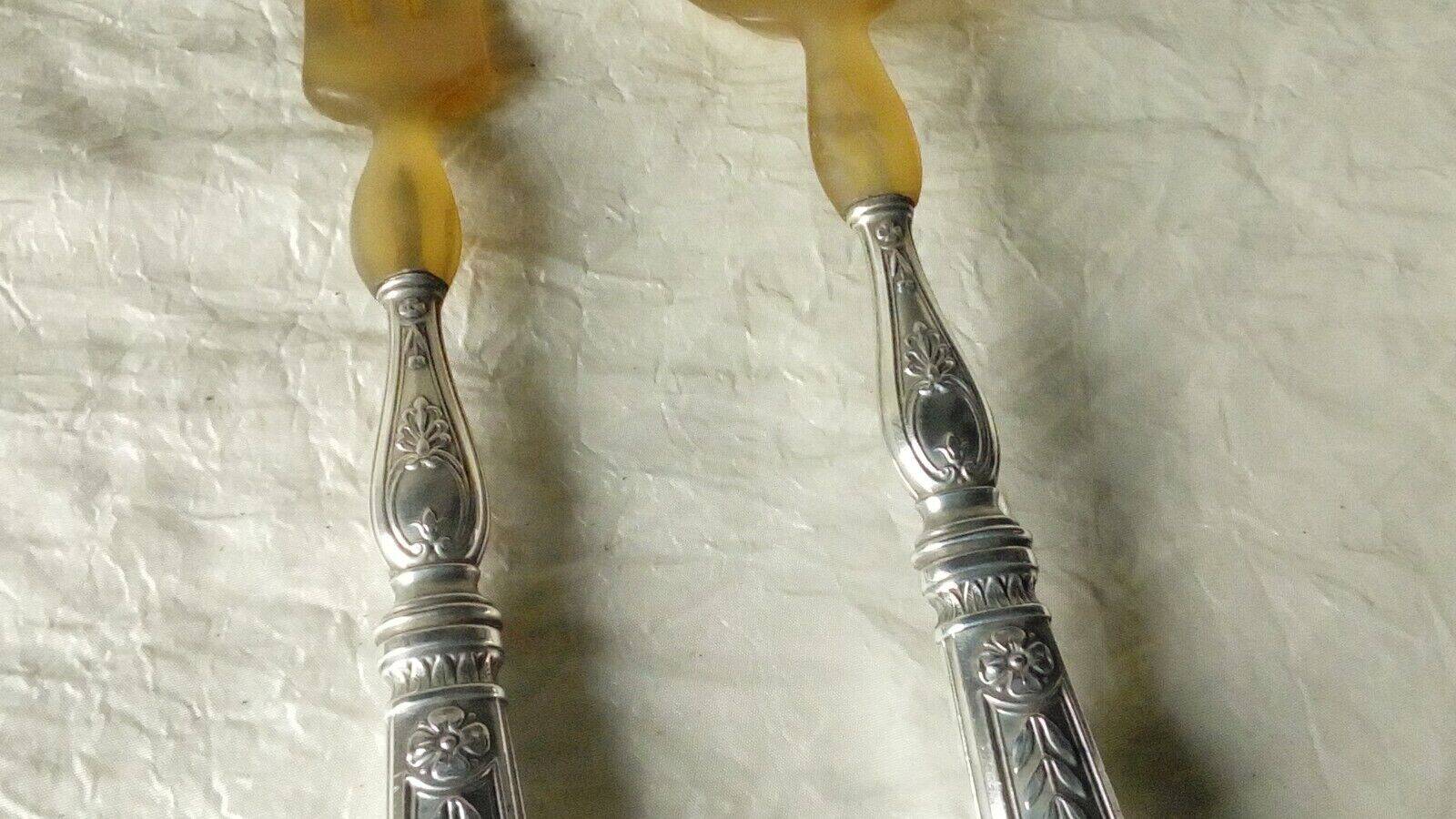Horn salad cutlery, silver handle, late 19th century