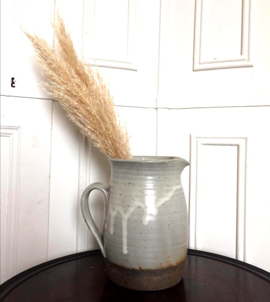 Enamelled sandstone jug signed vintage