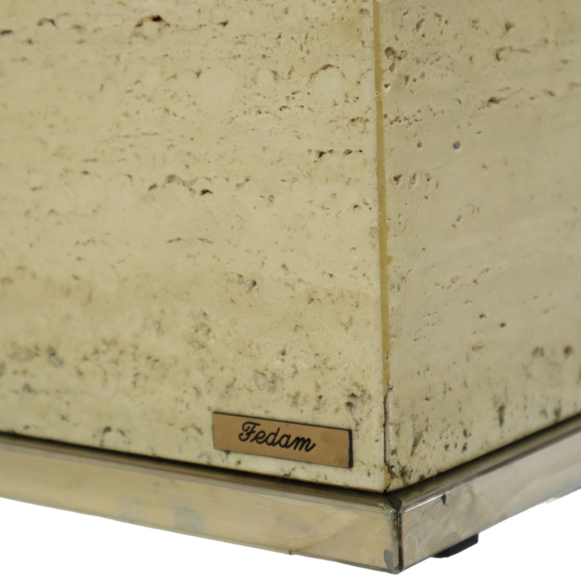 Vintage coffee table side table travertine chrome fedam belgium 1970s design