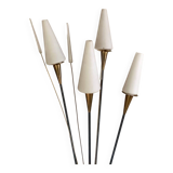 Lampadaire roseaux vintage métal noir et laiton quatre opalines blanches
