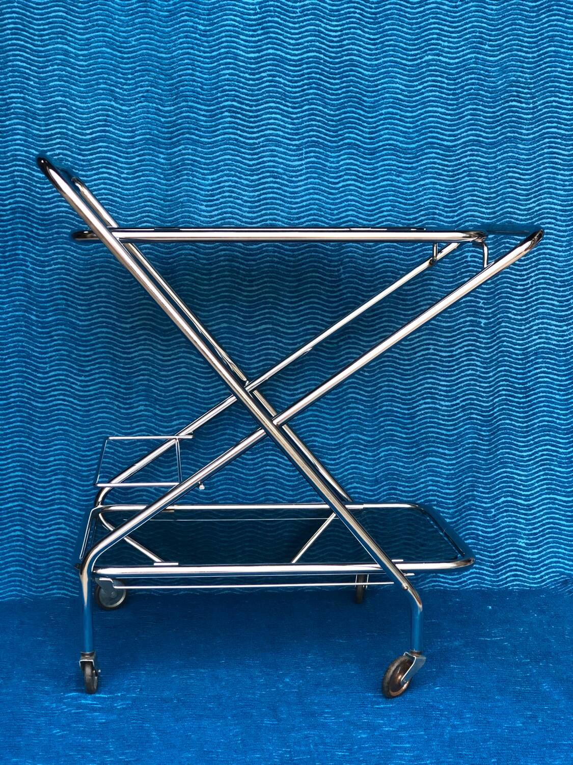 Vintage folding server 1970 with 2 smoked glass trays