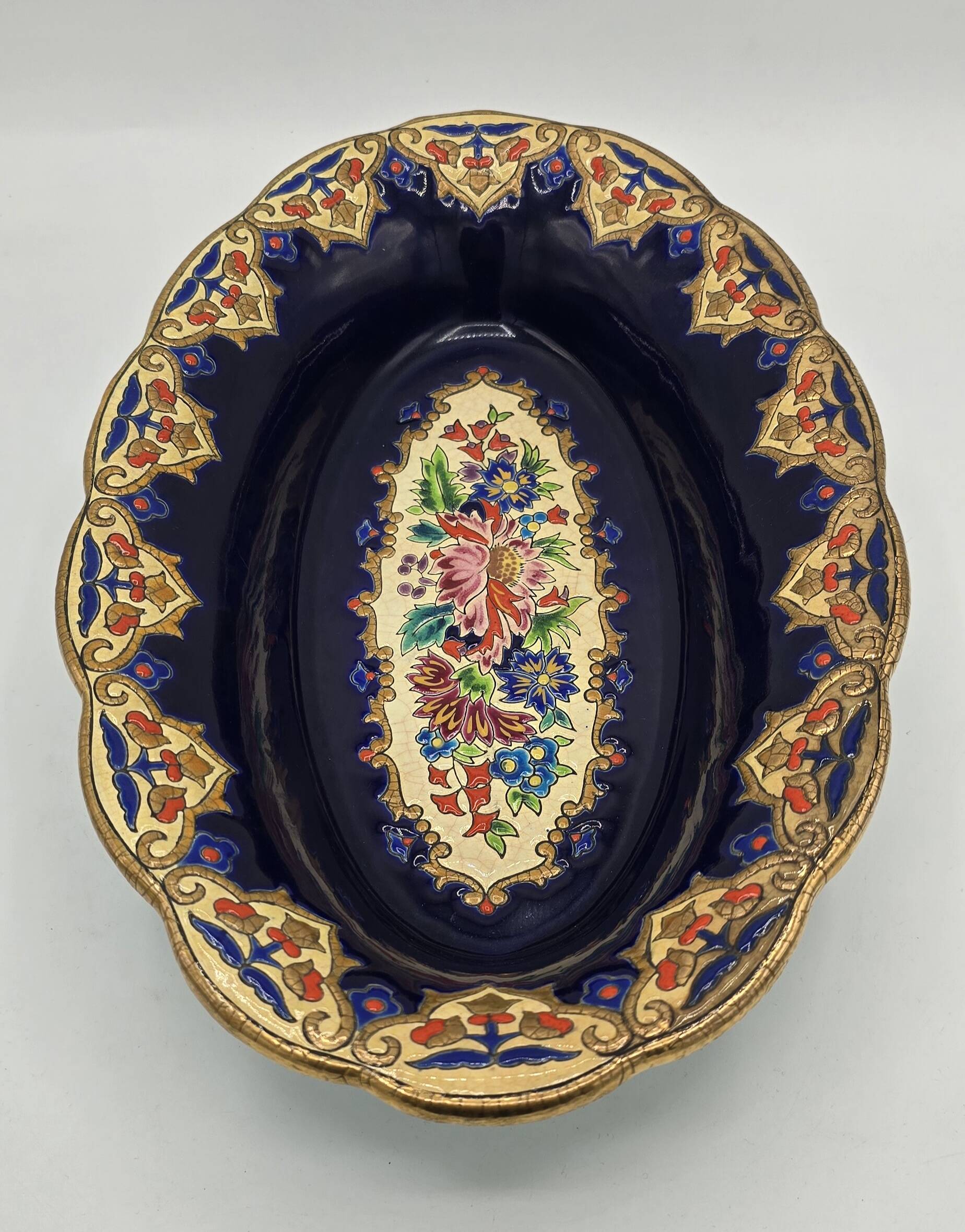 Oval dish in glazed earthenware by M. P. Chevallier, Manufacture des Émaux