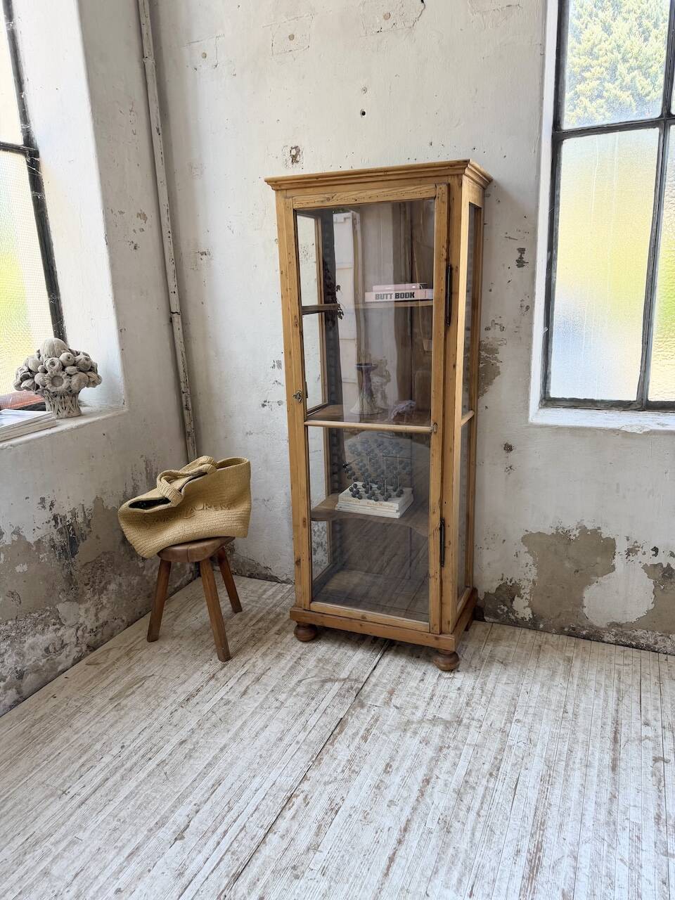 19th-century English pine display cabinet