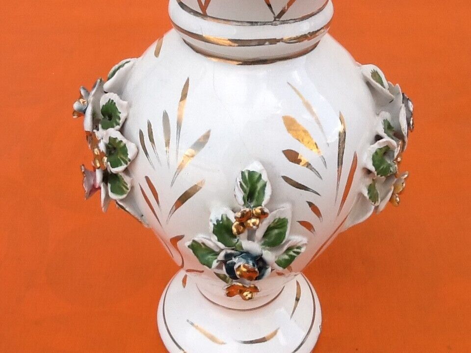 1970s Baluster vase White ceramic with gilding Floral decoration