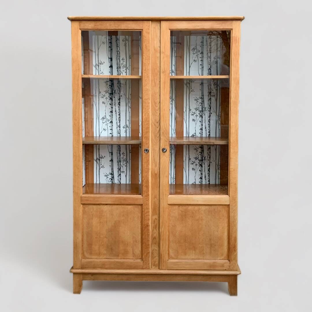 Solid raw oak school glass cabinet 1950
