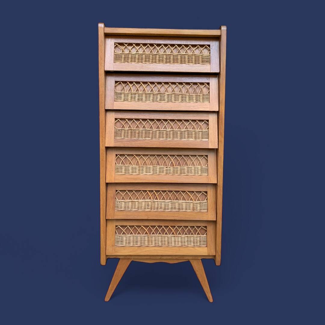 Vintage rattan chiffonier with compass feet 1950