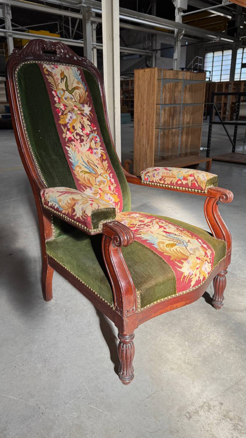Antique mahogany wood upholstery armchair