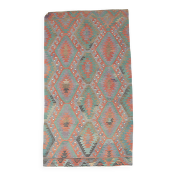 Tapis Kilim fait main en laine et coton vert et rouge