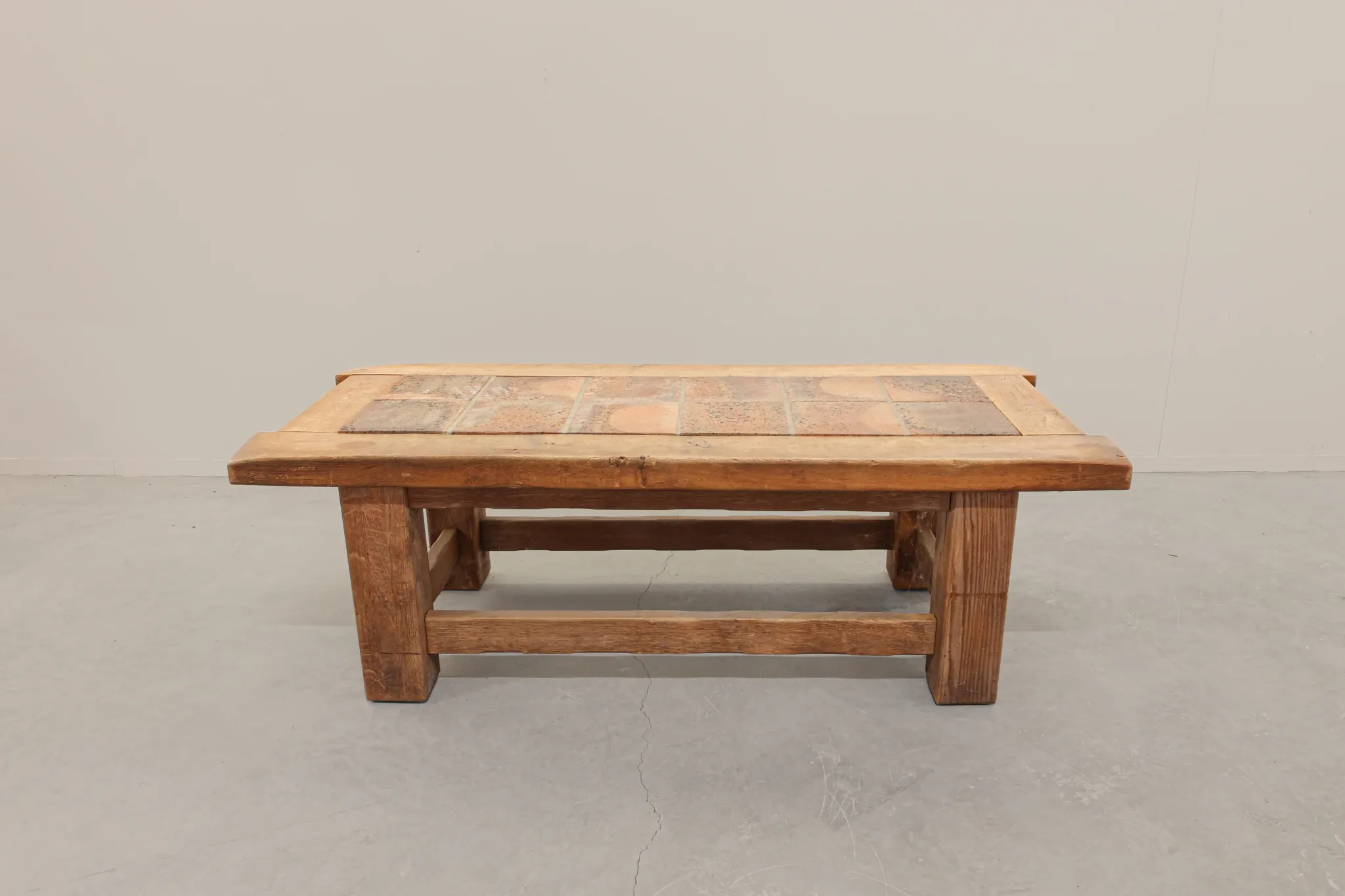 Brutalist Oak Coffee Table with Red Terracotta Tiles, 1950s