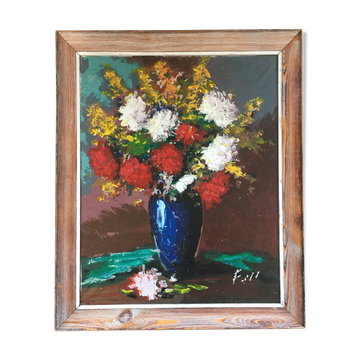 Tableau bouquet vase bleu