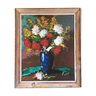 Tableau bouquet vase bleu