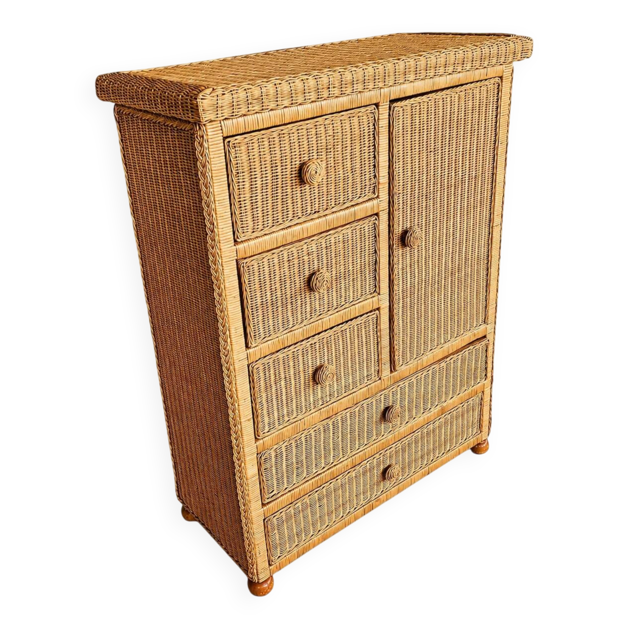 Commode en osier vintage / Tiroir dans un style côtier boho chic