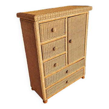 Vintage Wicker Dresser / Chest of Drawers in Boho Chic Coastal Style