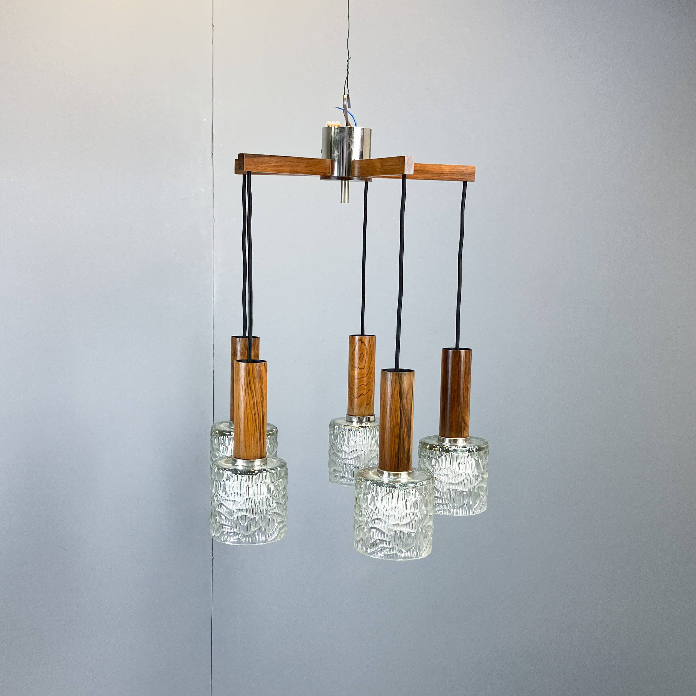 5-bulb cascade lamp, rosewood, chrome and textured glass shades, 1960s
