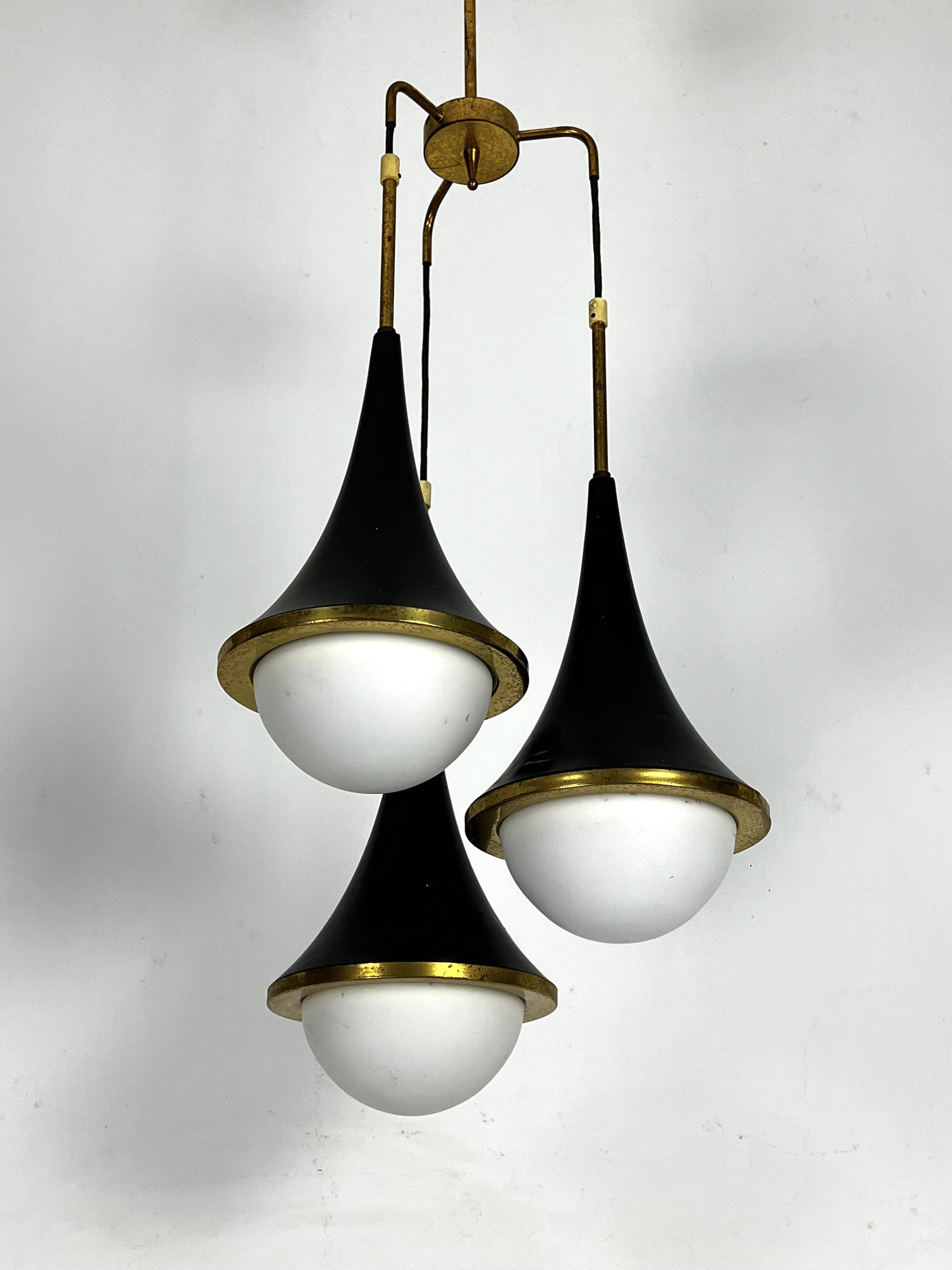 Mis-Century Stilnovo style pendant with three lights. Italy 1950s