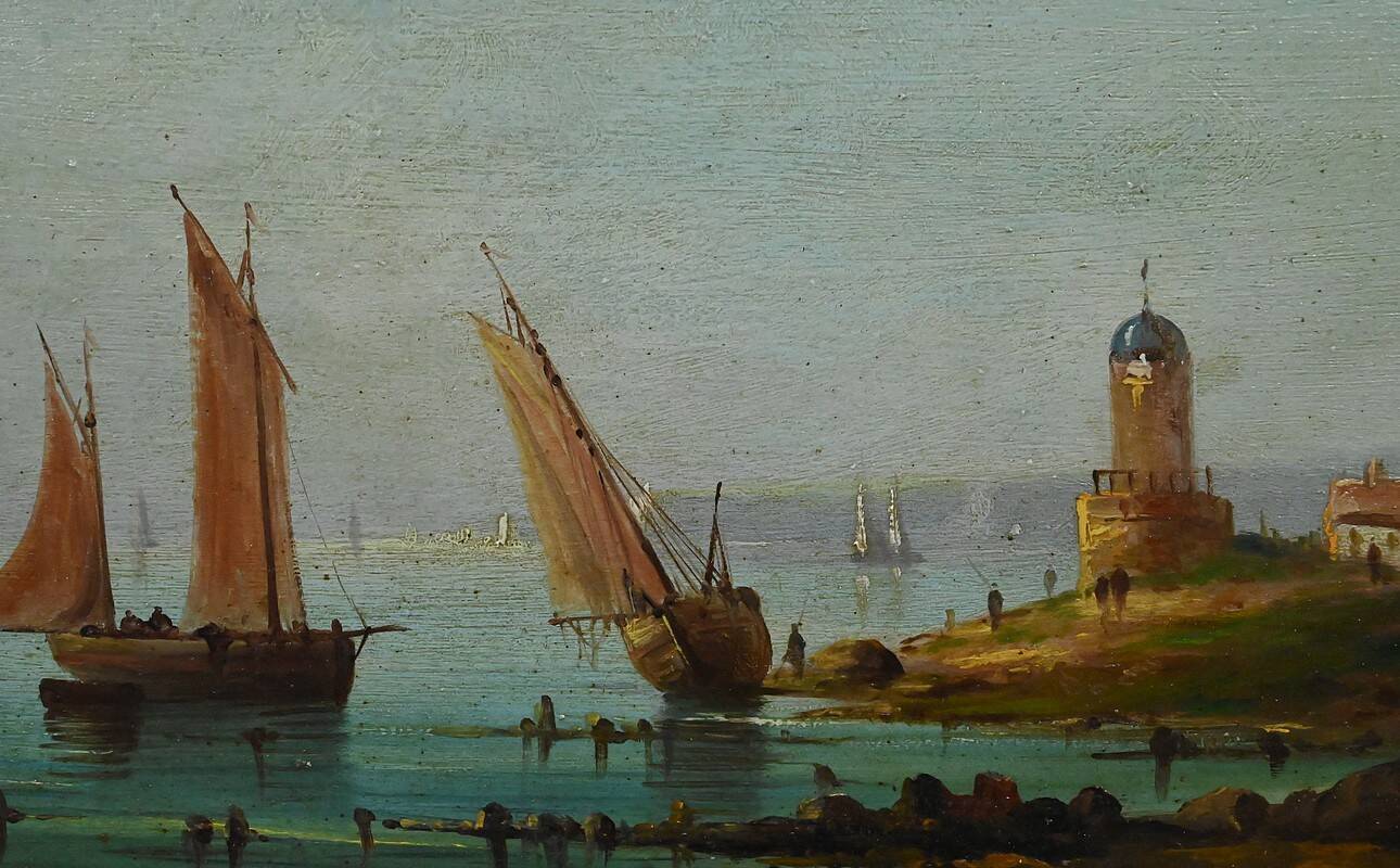 Tableau "Sailboats on the Mediterranean", oil on panel, French school of the 19th century.