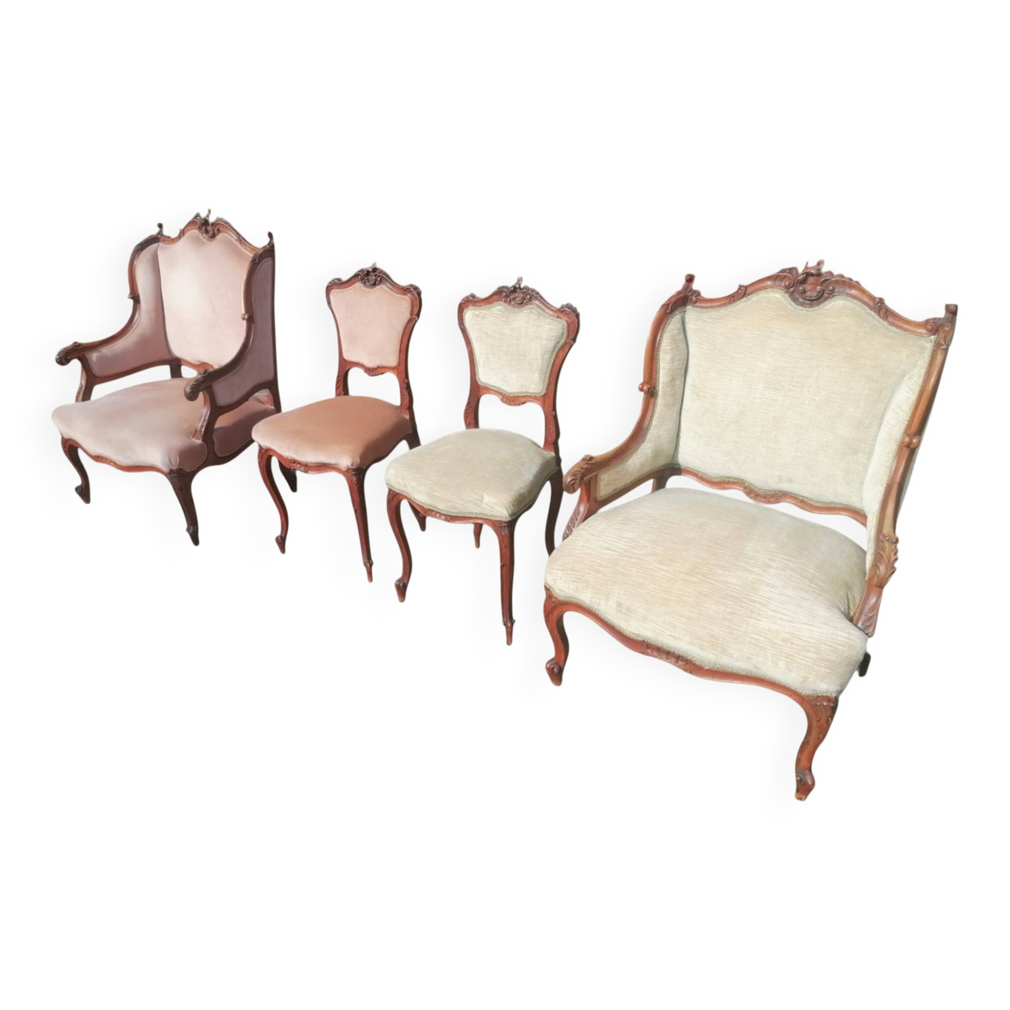 Salon Rocaille / Rococo - 2 fauteuils & 2 chaises - Noyer XIXe