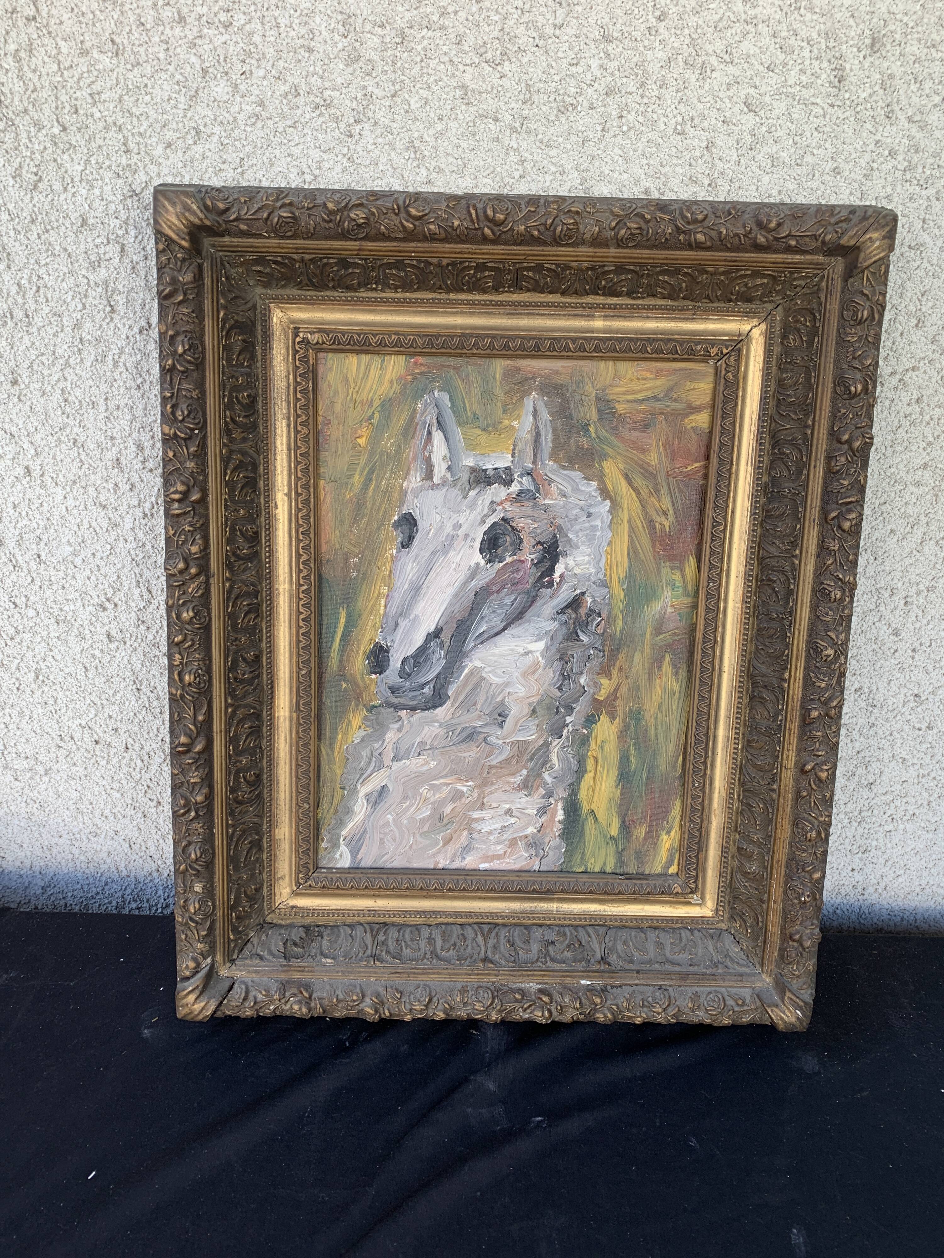 Horse painting with its 19th century frame