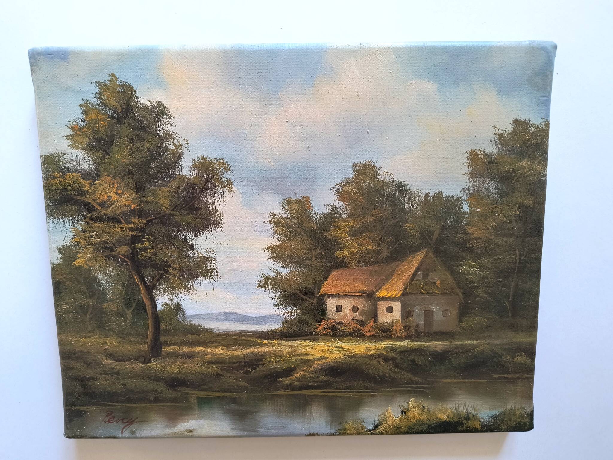 Antique painting signed "Percy" - House by the pond - oil on canvas