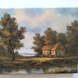Antique painting signed "Percy" - House by the pond - oil on canvas