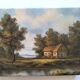 Antique painting signed "Percy" - House by the pond - oil on canvas