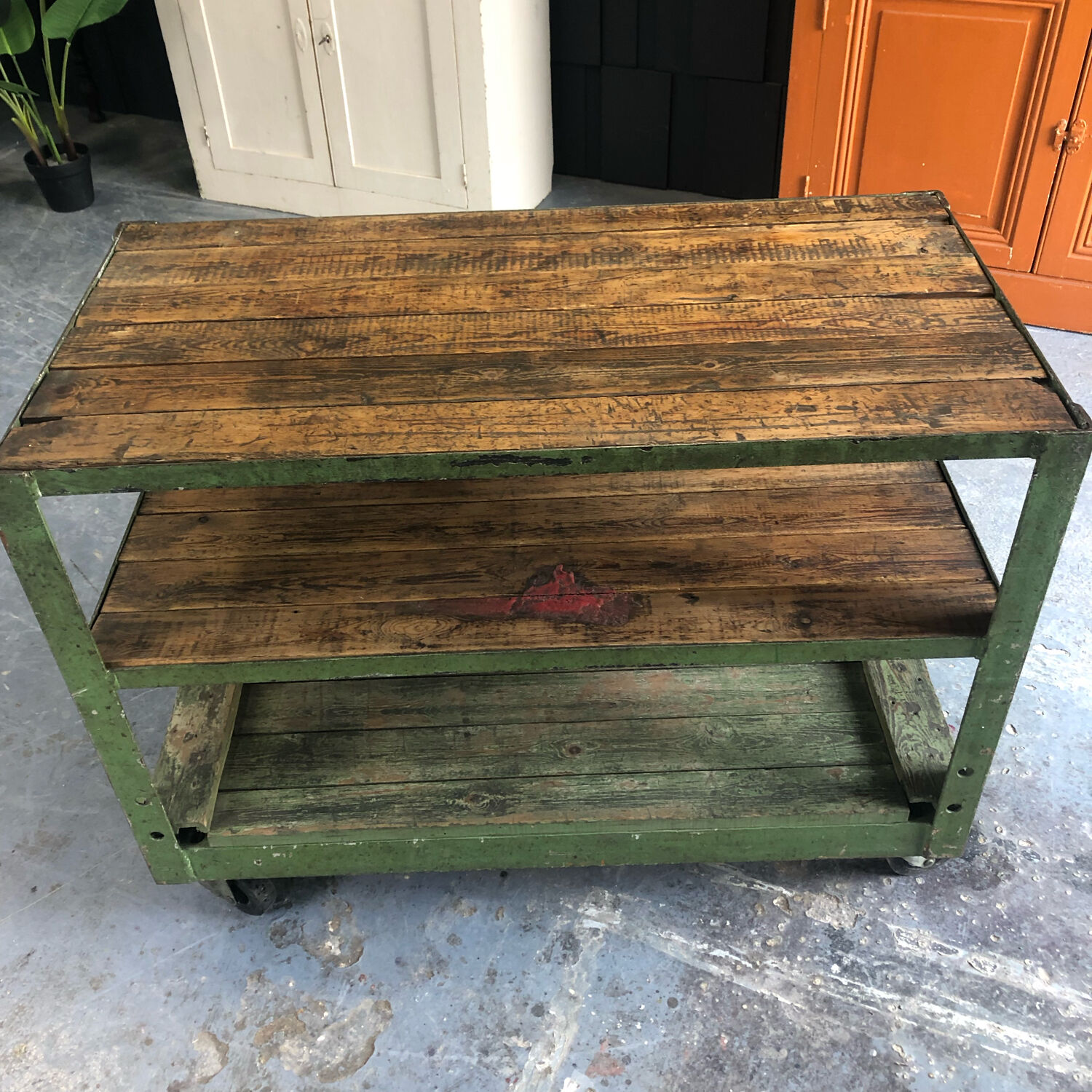 Industrial trolley with shelves, wood and metal