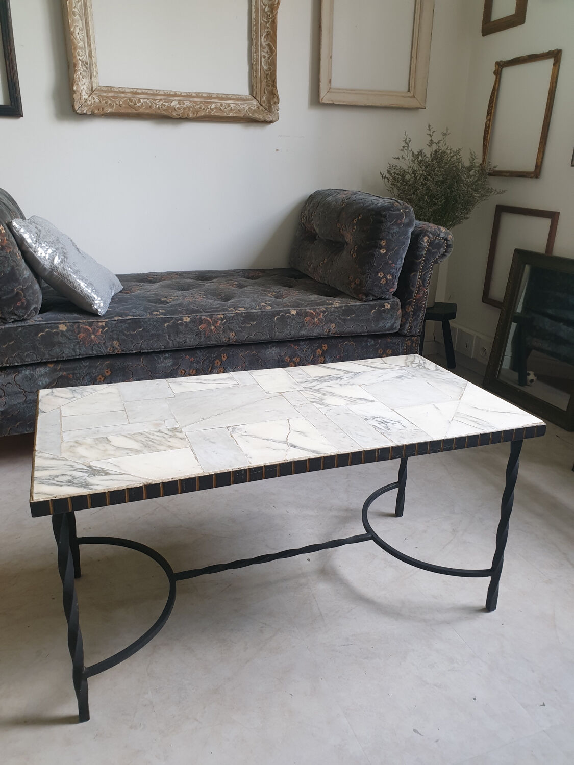 Marble and wrought iron coffee table