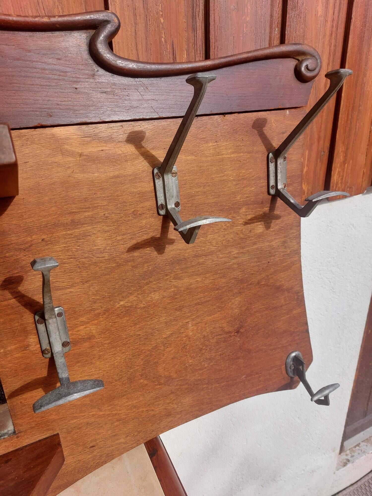 coat rack, hooks, wood and metal, vintage