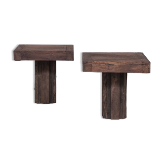 Pair of Belgium Wabi-Sabi Wooden Side Tables