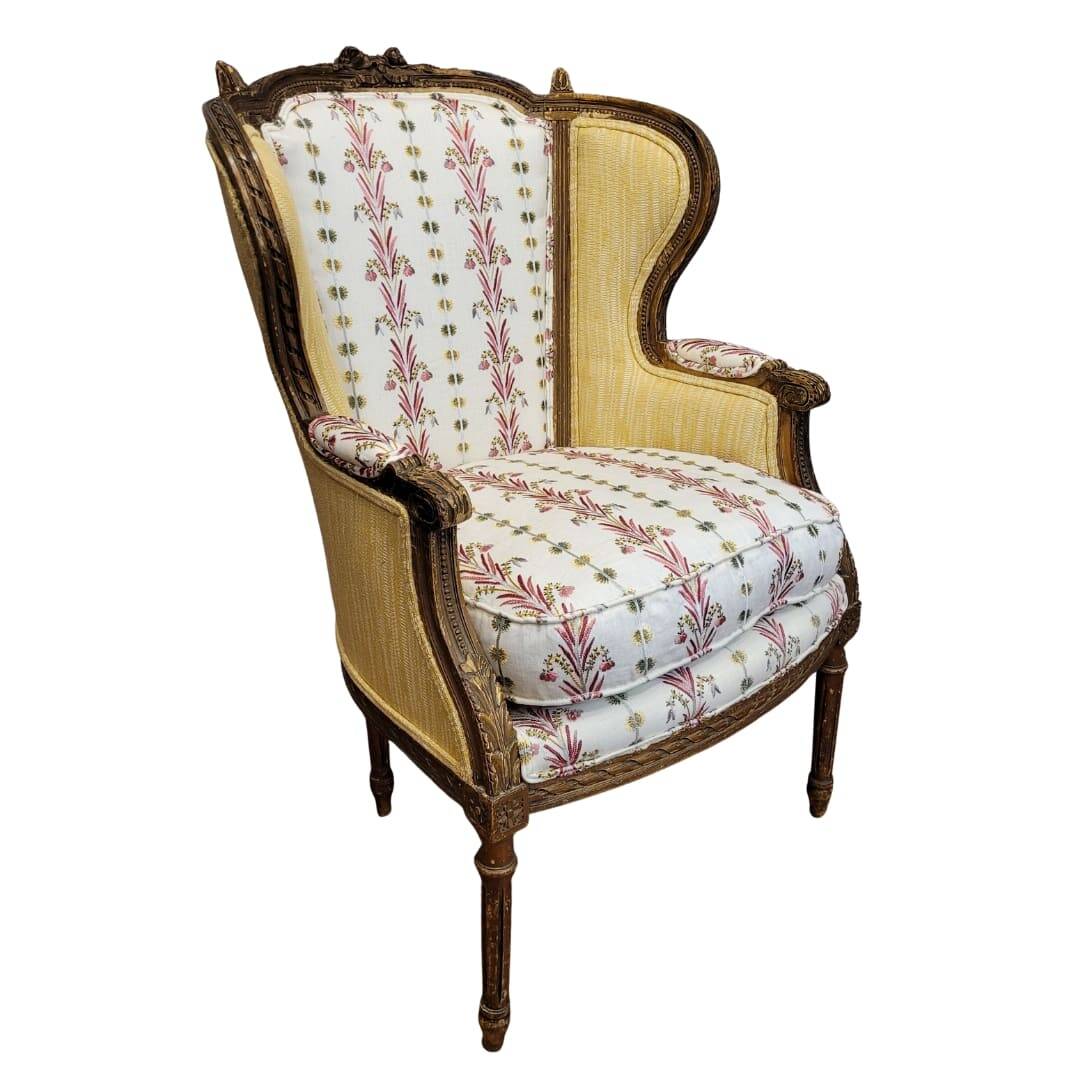 Wooden basket chair, upholstered in Pierre Frey, Napoleon III, circa 1820 – France