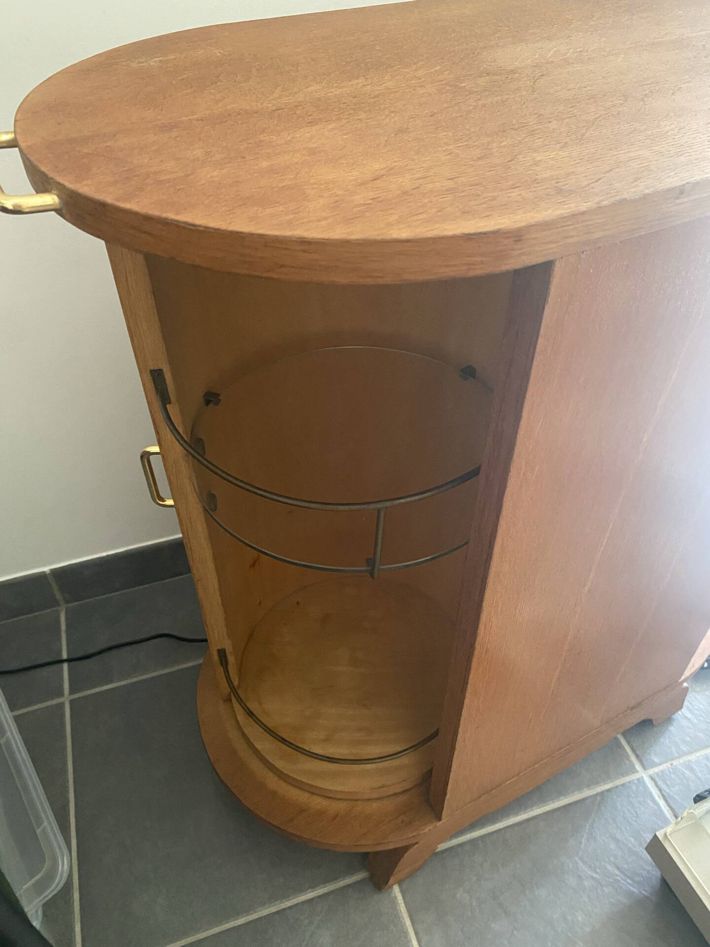 Rotating wooden bar cart from the 1950s.