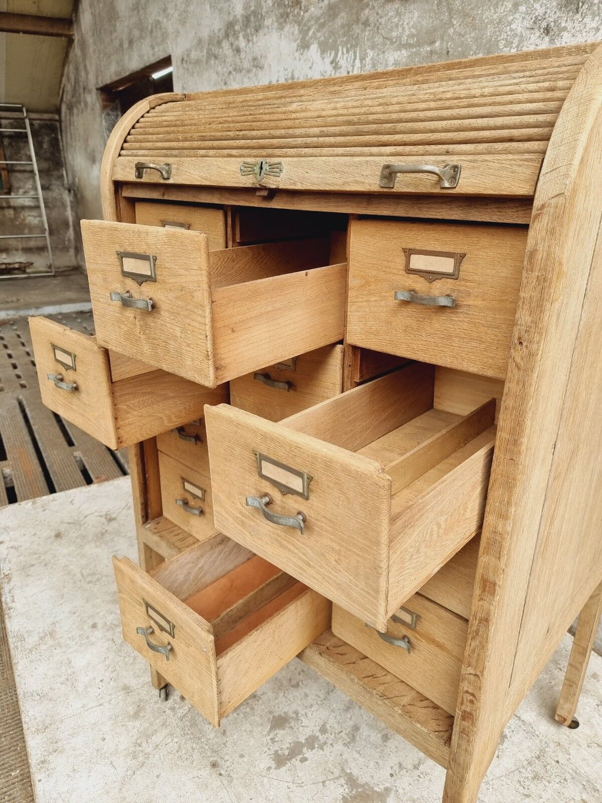 Antique roller shutter cabinet oak chest of drawers