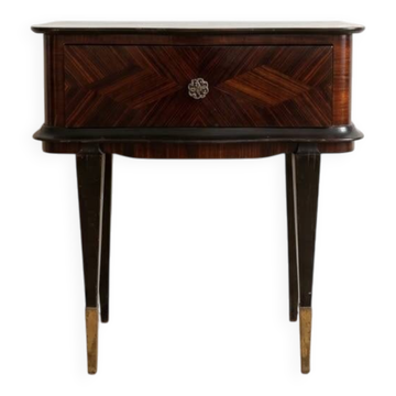 Antique bedside table in marquetry and lacquered wood.