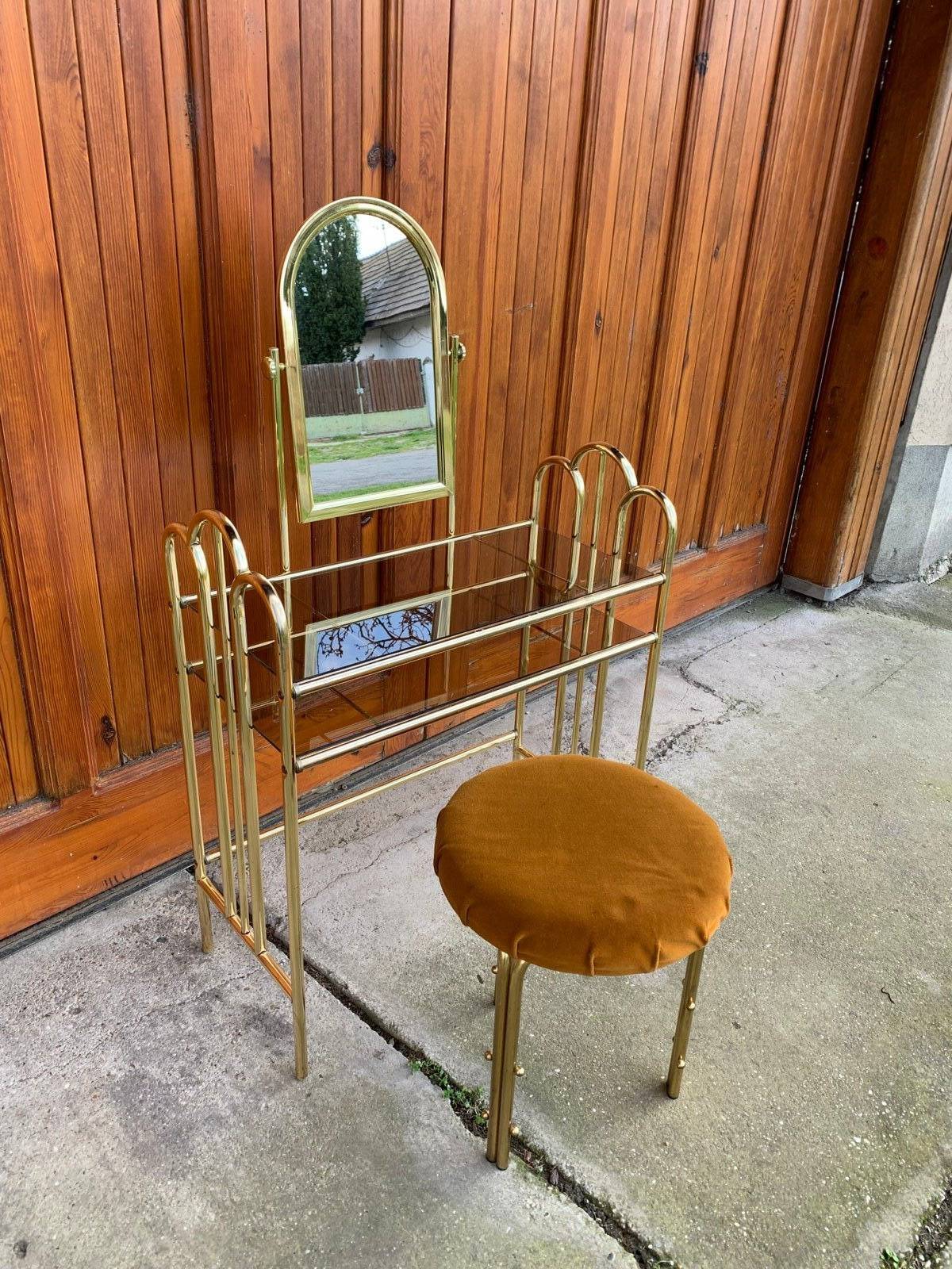Vintage brown brass dressing table with mirror and matching stool, 1950s - set of 2
