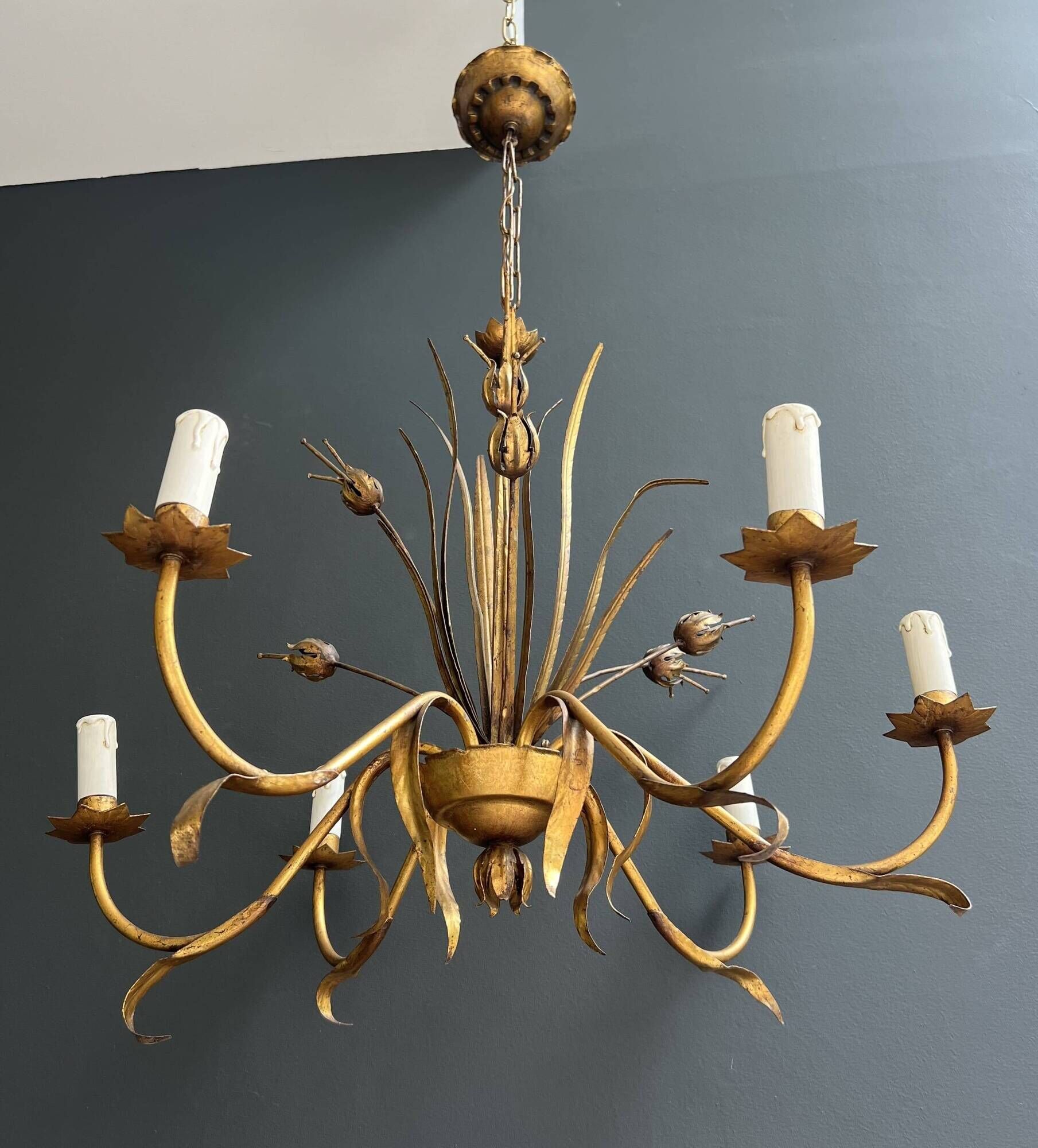 Golden Metal Chandelier with Reed Bouquet Decoration. Coco Chanel Style. Work