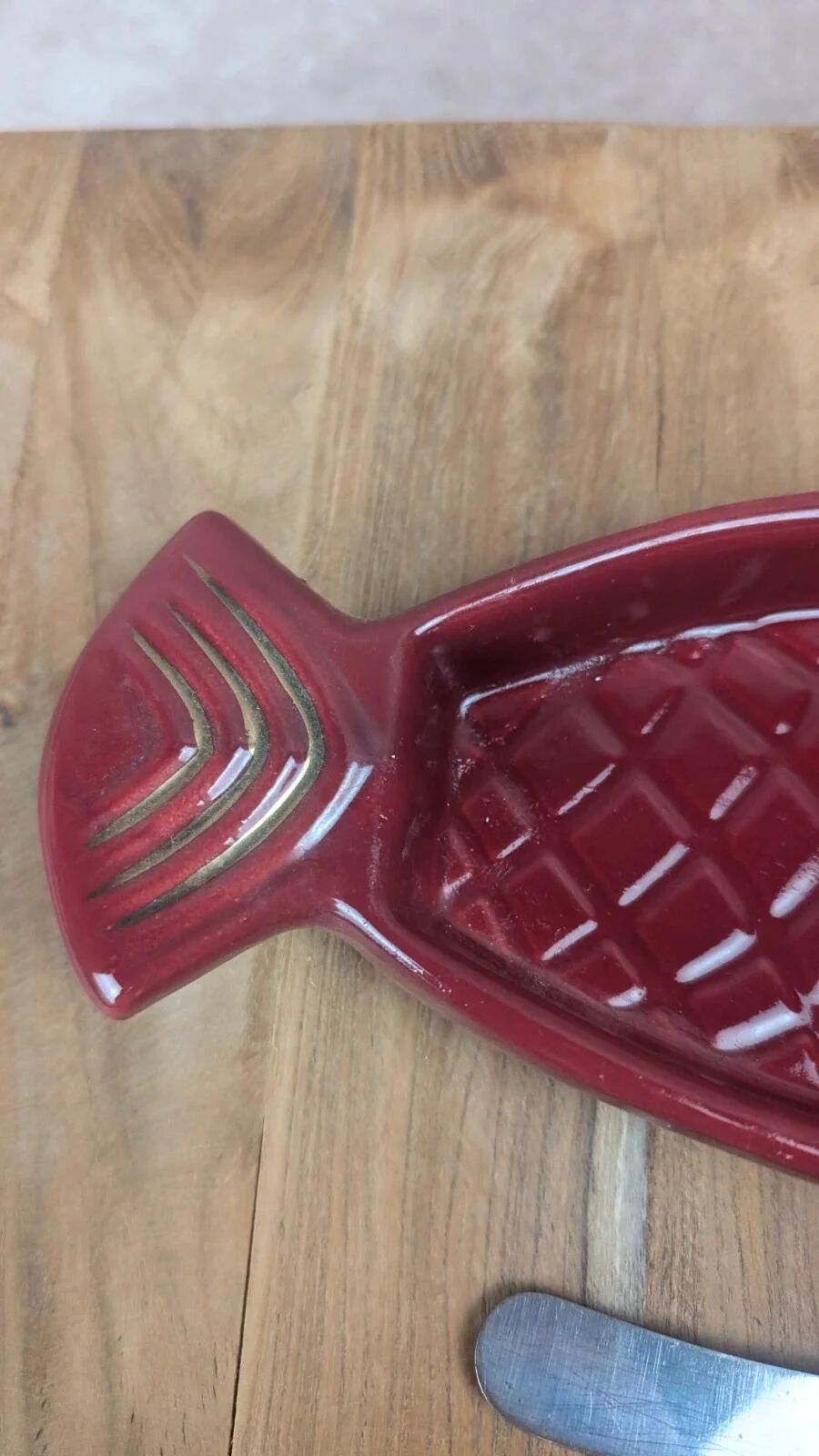 Vintage red ceramic butter dish + matching knife