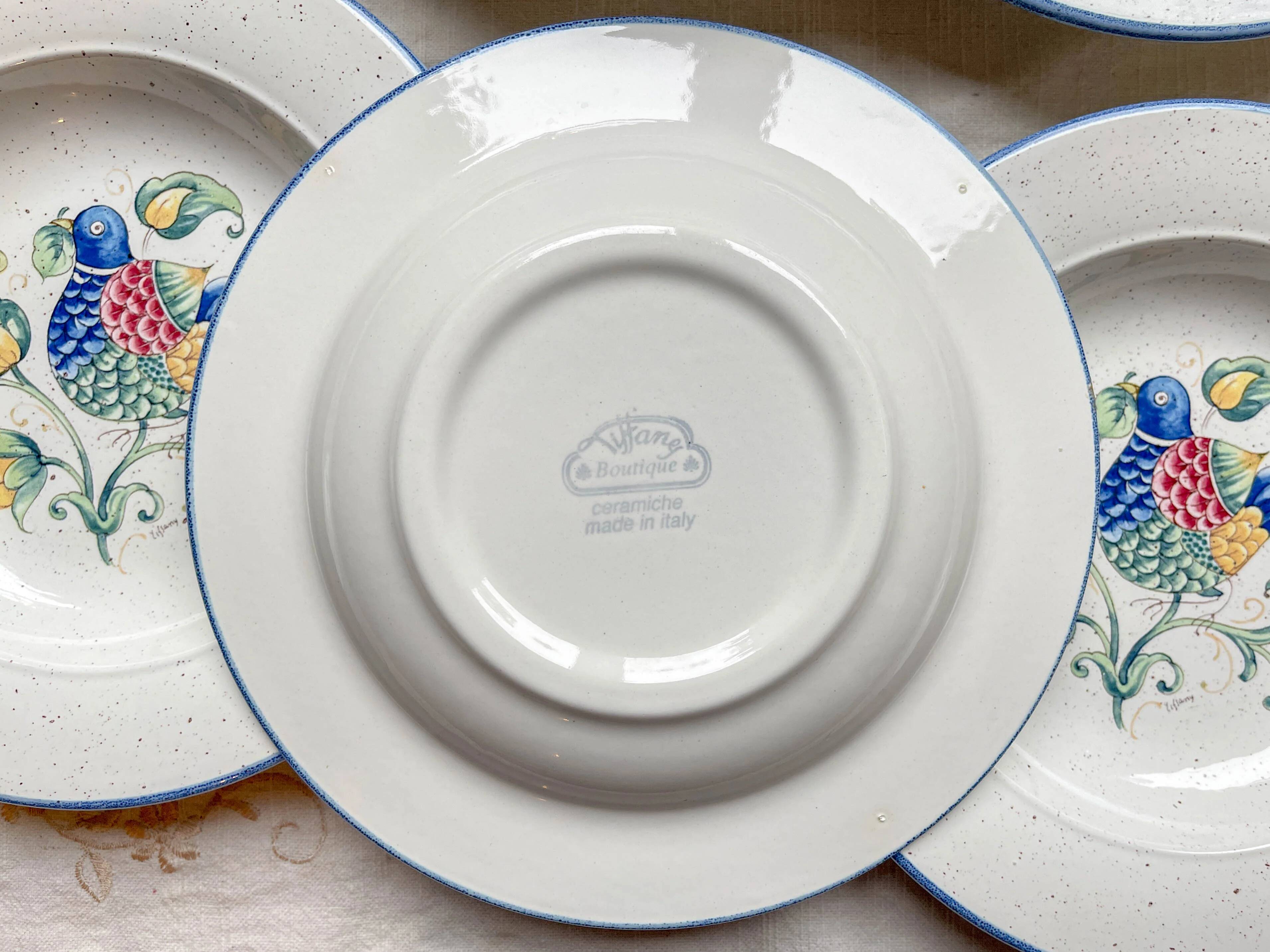 6 soup plates in speckled Italian earthenware "Tiffany" - vintage bird motif