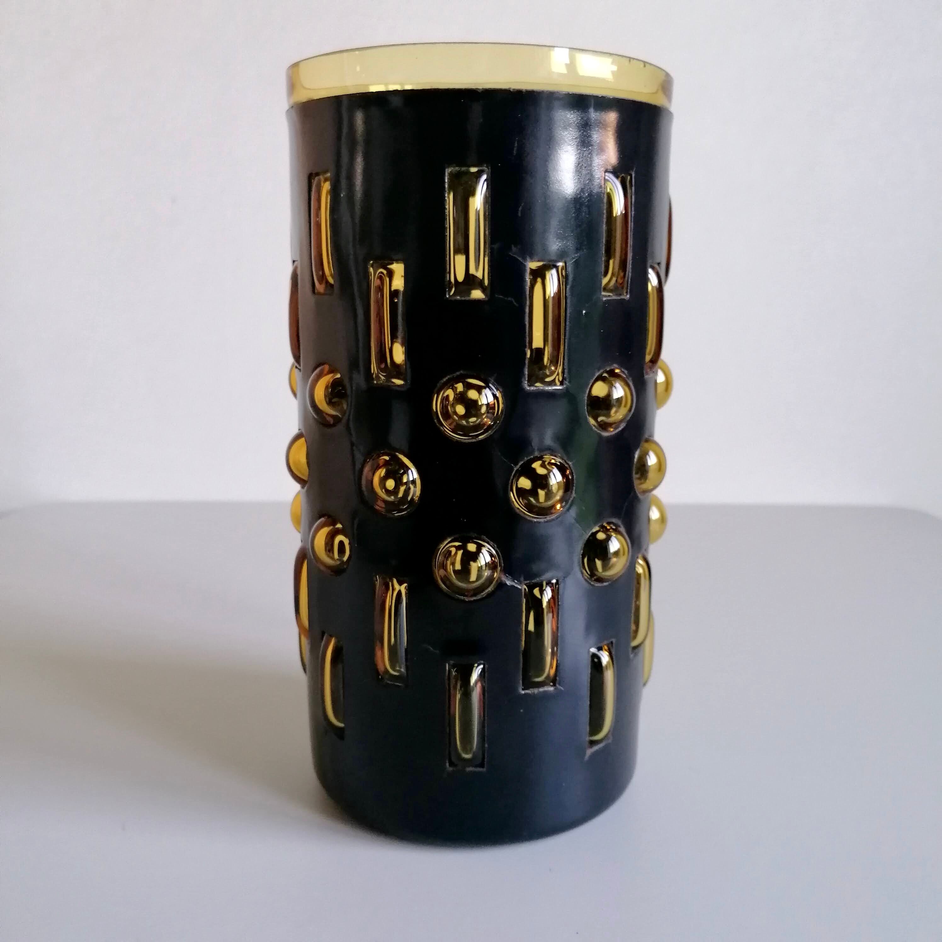 Amber blown glass and midnight blue metal hanging lamp 1960