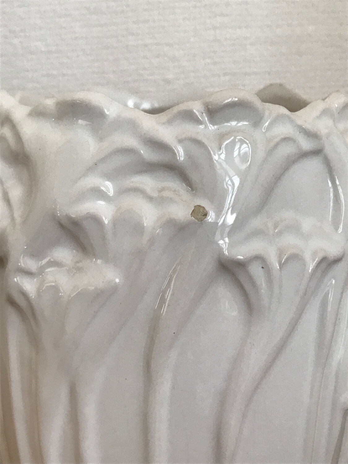 Old white art nouveau vase with flowers and dragonflies