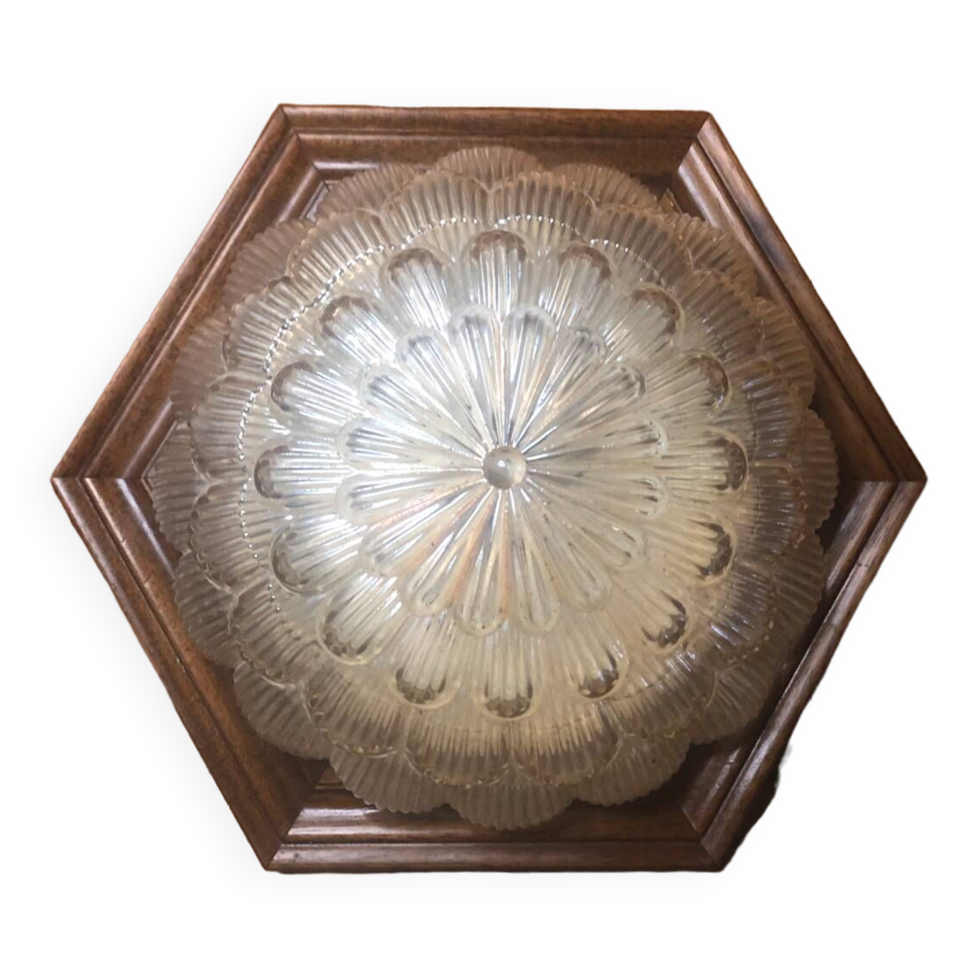 Old Gold Molded Glass Pendant Light + Vintage Wood Contour #A360